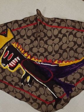 Coach x Jean-Michel Basquiat Silk Scarf Signature Print Brown Red Rare O/S